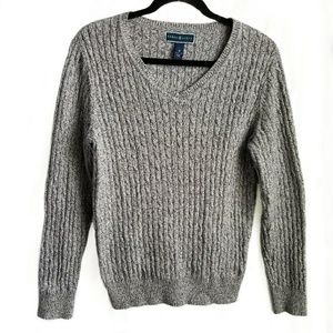 KAREN SCOTT Heather Grey cable knit v neck sweater